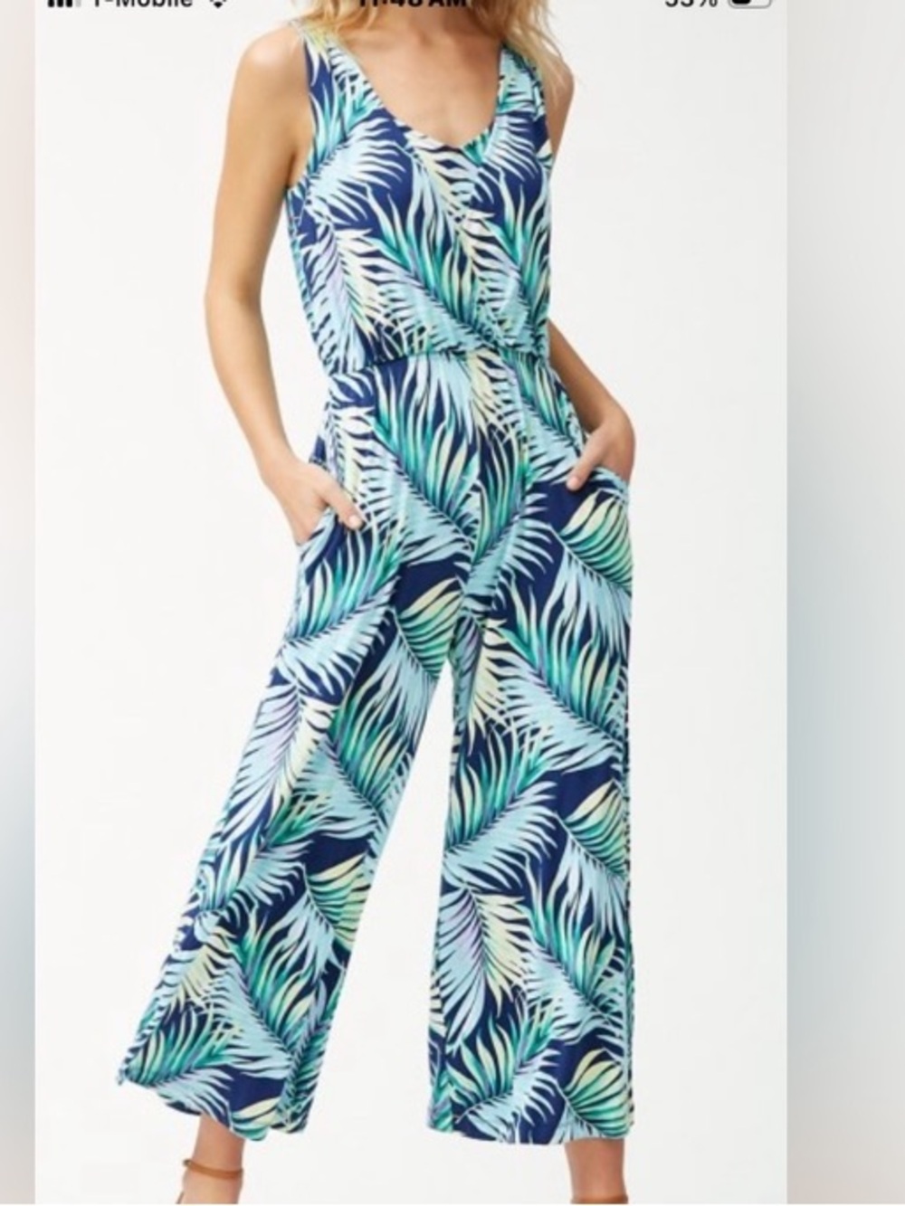Tommy Bahama Navy Blue & Seafoam Tropical-Print Sleeveless Jumpsuit